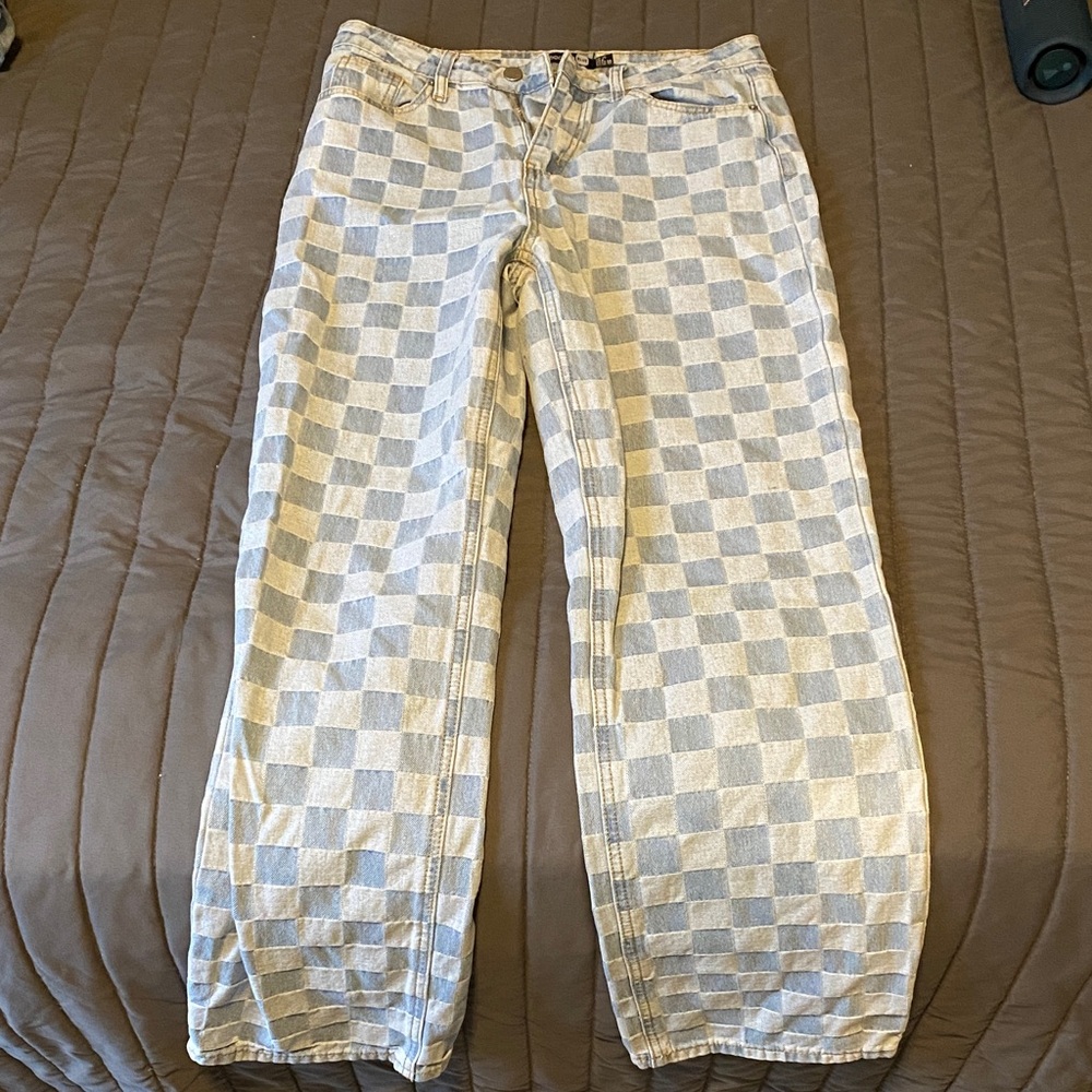 Boohoo Checkered Flare Jeans - Blue and White